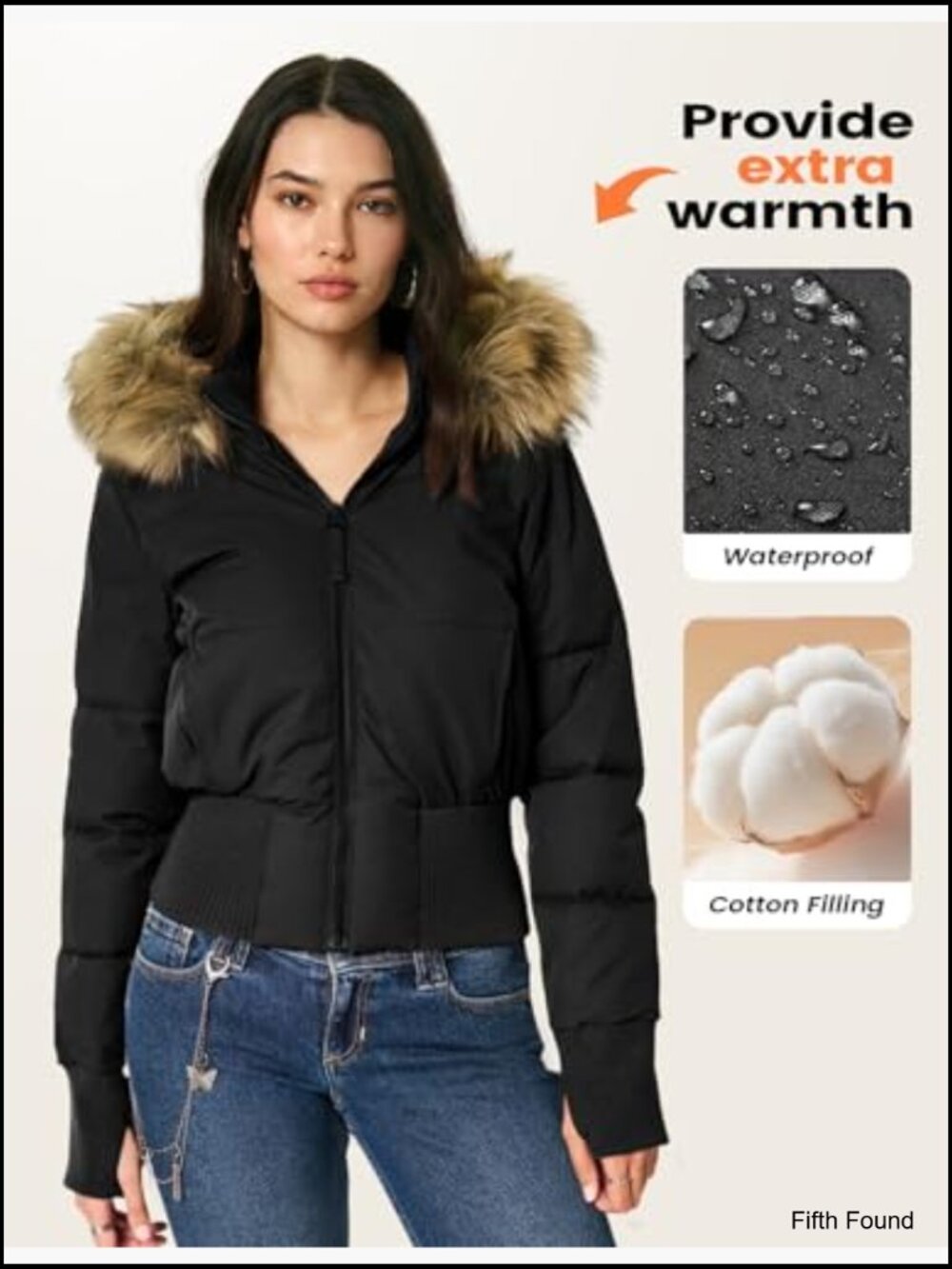 Cropped Puffer Jacket Winter Quilted Faux Fur Hood Bomber Coat - Picture 6 of 7